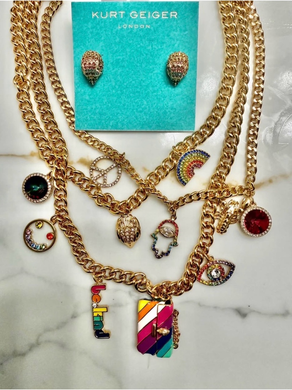 Kurt Geiger Gold Rainbow Charm Layered Necklace Set new with tags